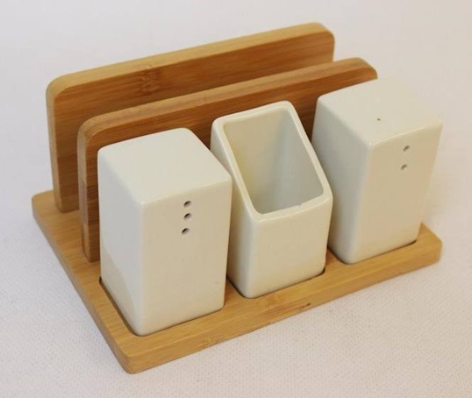 Bamboo Salt Pepper Napkin Holder Set for Kitchen Dining Table, Natural Napkin Holder Stand with Salt Pepper Caddy Restaurant Lunch Napkin Holder Organizer