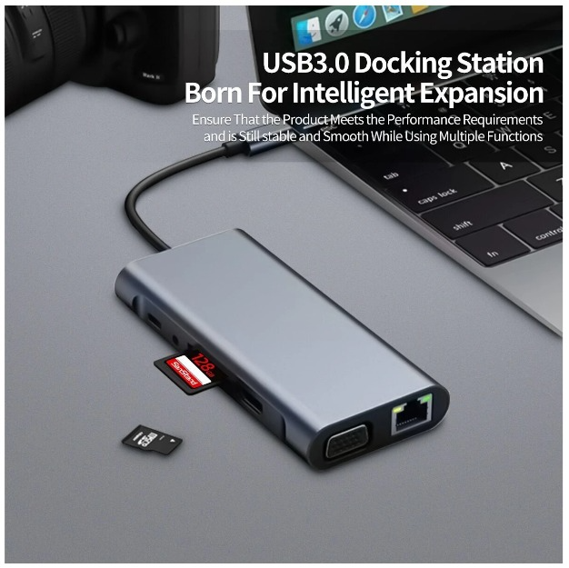 11 in 1 USB C Hub, Dual Display USB C Docking Station with 4K@30Hz, VGA, Gigabit Ethernet, Type-C Power Delivery Port, SD/TF Card, 3 USB Ports, Audio, USB C Docking Station