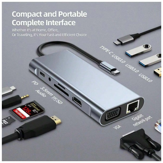 11 in 1 USB C Hub, Dual Display USB C Docking Station with 4K@30Hz, VGA, Gigabit Ethernet, Type-C Power Delivery Port, SD/TF Card, 3 USB Ports, Audio, USB C Docking Station