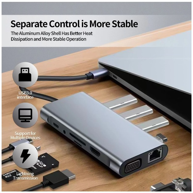 11 in 1 USB C Hub, Dual Display USB C Docking Station with 4K@30Hz, VGA, Gigabit Ethernet, Type-C Power Delivery Port, SD/TF Card, 3 USB Ports, Audio, USB C Docking Station
