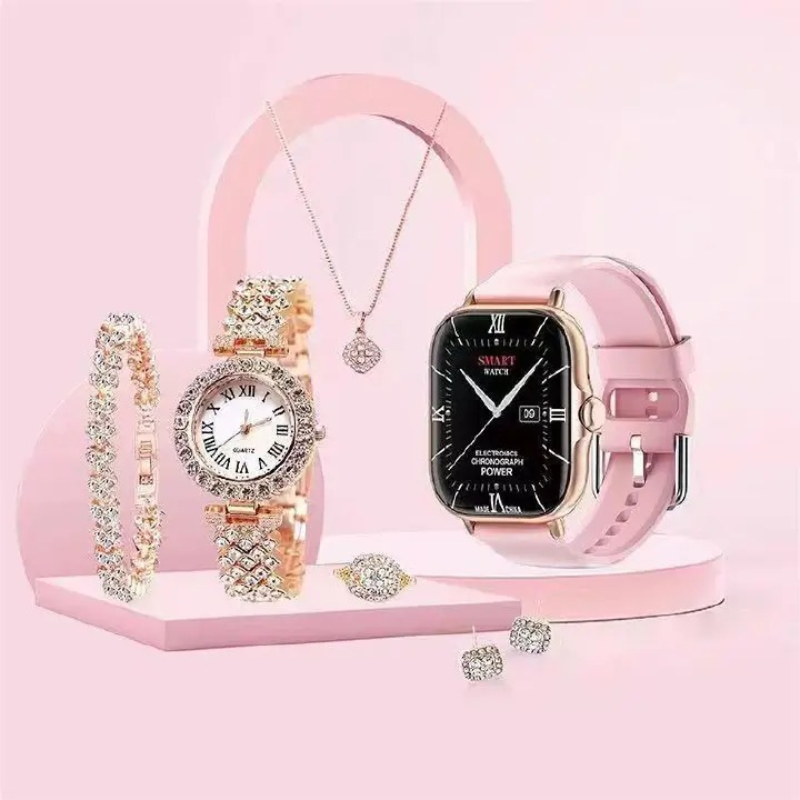 6 IN 1 Smart Watch Gift Sets with Women Jewelry Suits Earring Necklace Ring Bracelet Plus Smartwatch Bluetooth Call Blood Pressure