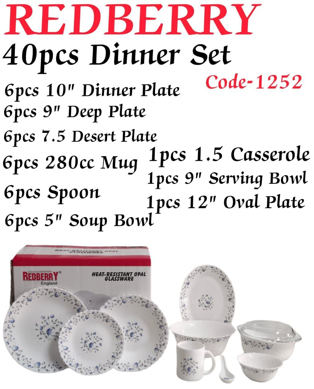 Redberry 40-Piece Opal ware Dinner Set + 3 PC Woven Table Mats