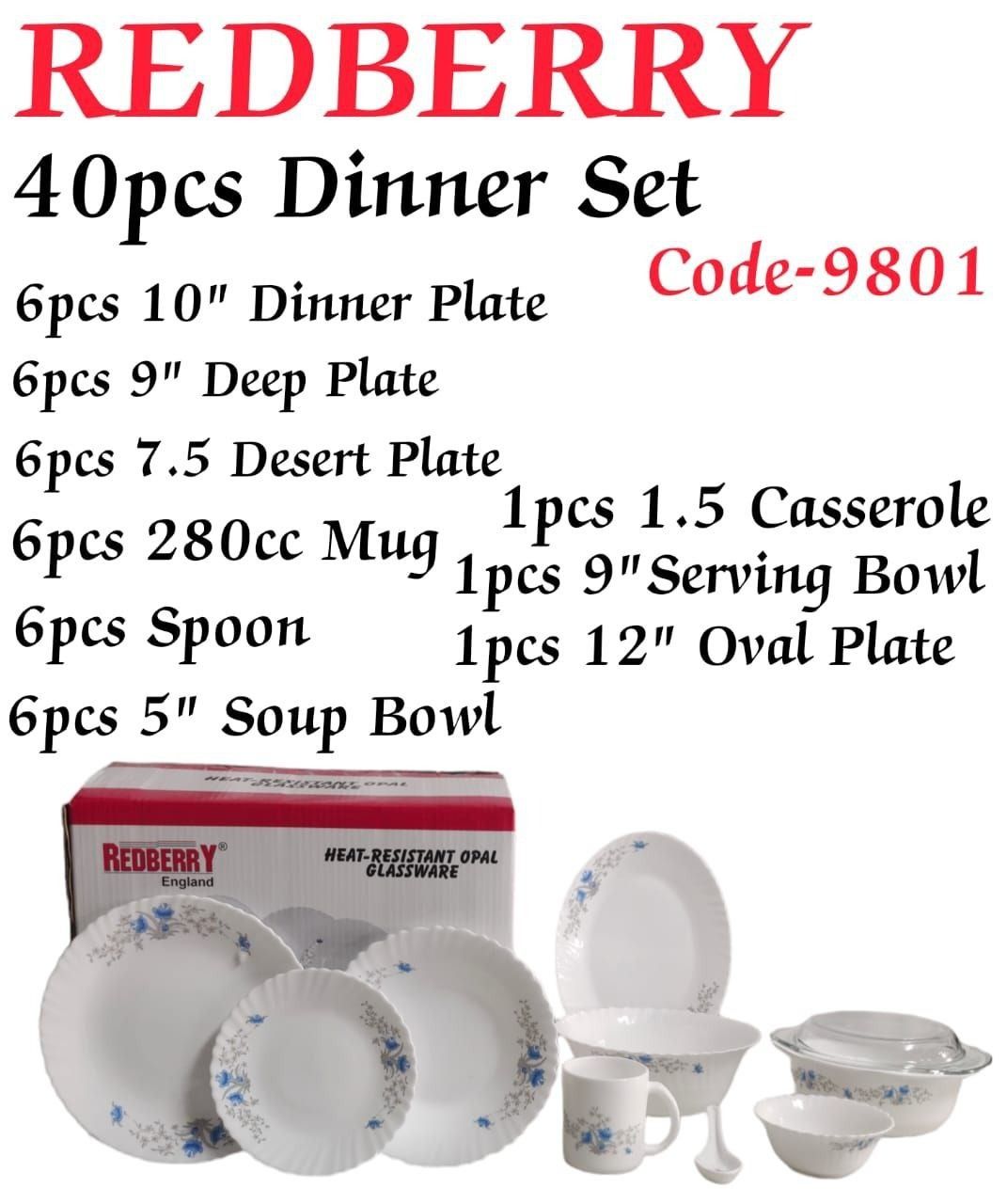 Redberry 40-Piece Opal ware Dinner Set + 3 PC Woven Table Mats