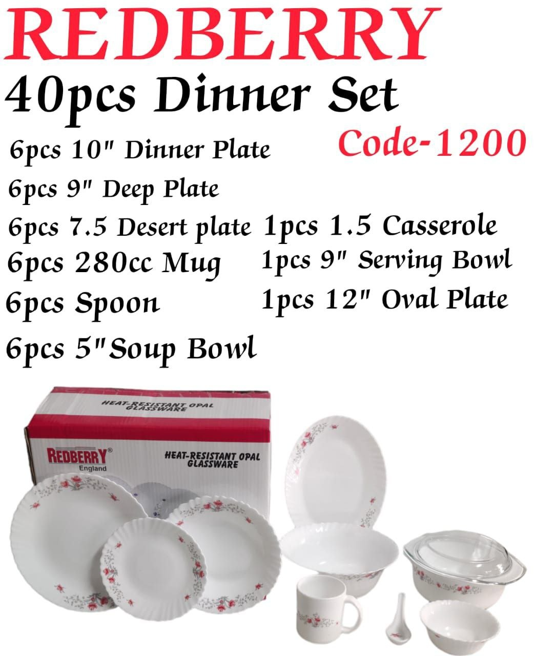 Redberry 40-Piece Opal ware Dinner Set + 3 PC Woven Table Mats