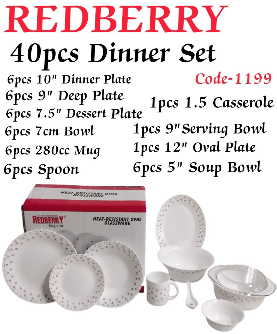 Redberry 40-Piece Opal ware Dinner Set + 3 PC Woven Table Mats