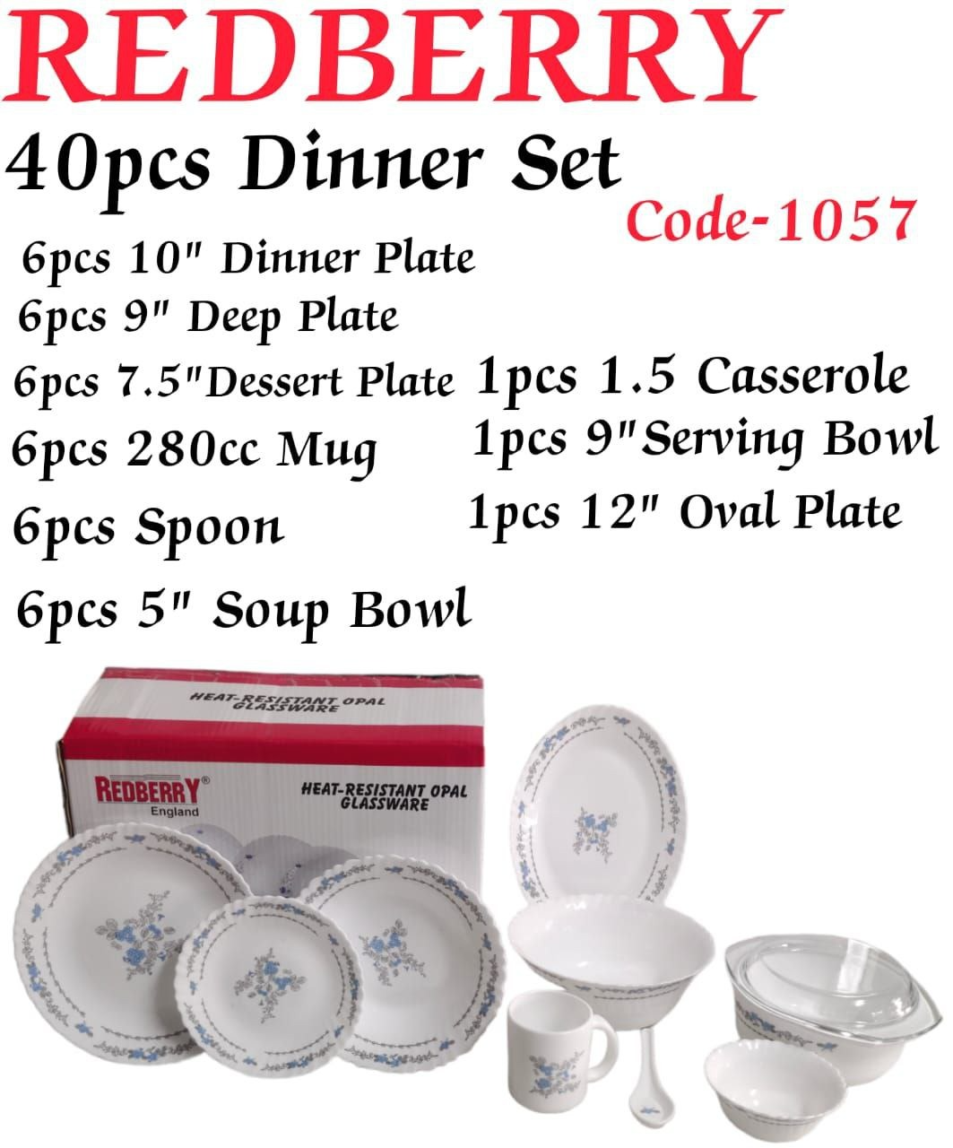 Redberry 40-Piece Opal ware Dinner Set + 3 PC Woven Table Mats