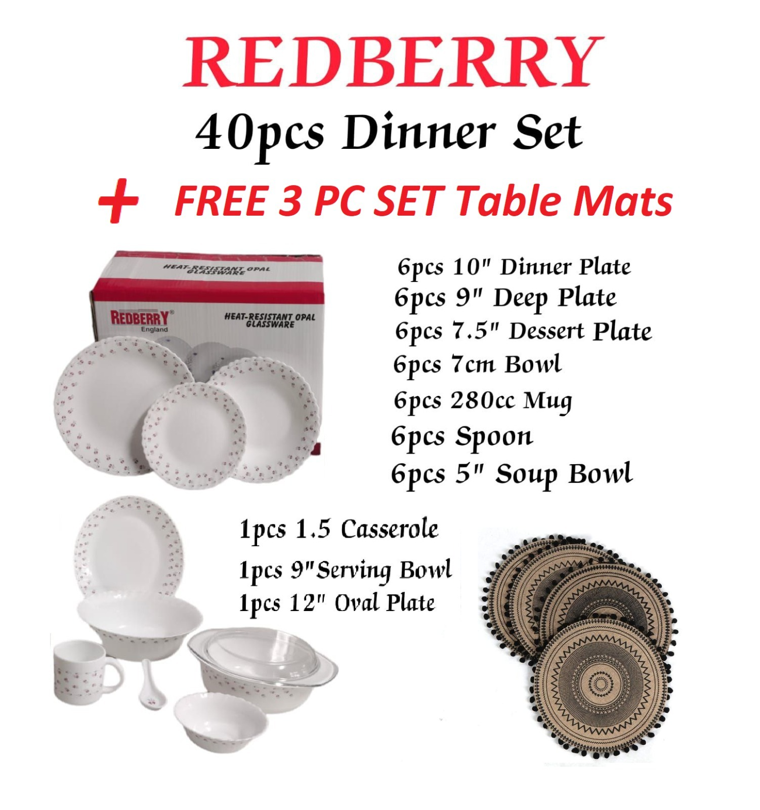 Redberry 40-Piece Opal ware Dinner Set + 3 PC Woven Table Mats