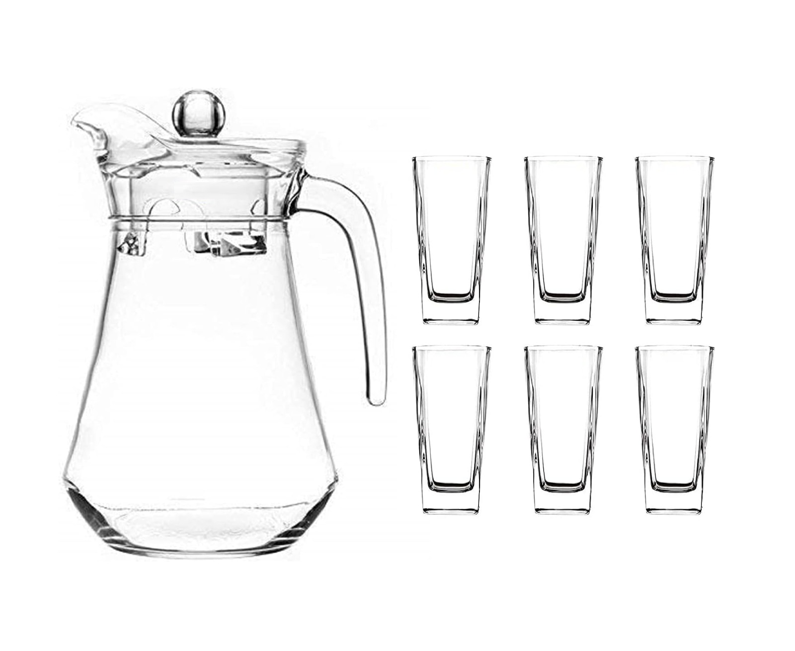 Premium Juice & Water Glasses Set of 6 & Jug Set for Dining Table (6 Pieces Glasses 270ML & 1 Water or Juice Jug 1.3 Ltrs), Transparent, Highball Water Glasses & Jug Set Combo