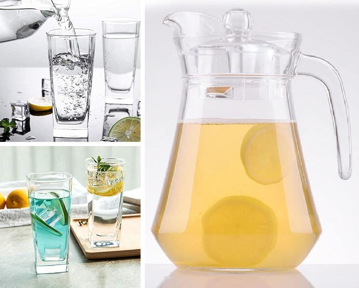Premium Juice & Water Glasses Set of 6 & Jug Set for Dining Table (6 Pieces Glasses 270ML & 1 Water or Juice Jug 1.3 Ltrs), Transparent, Highball Water Glasses & Jug Set Combo