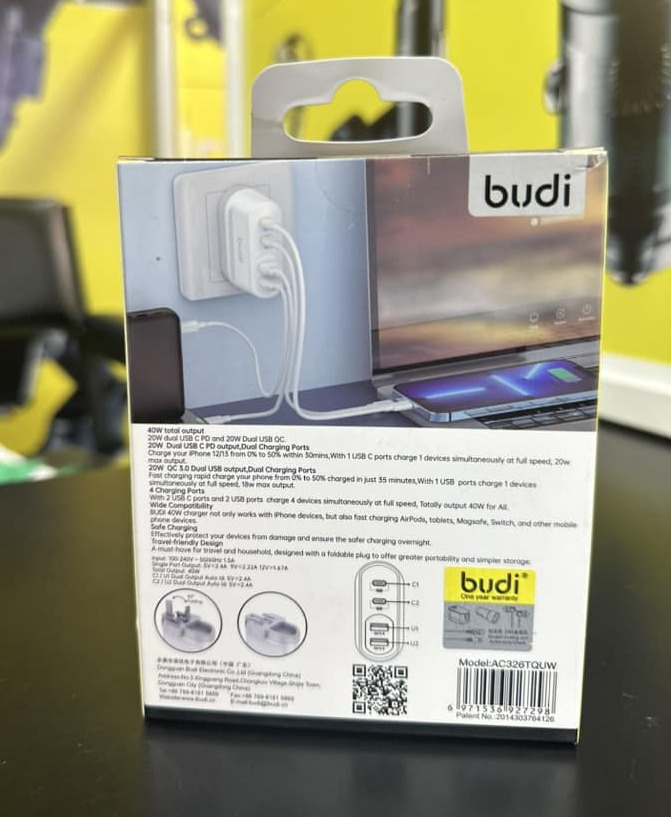 Budi 40W Dual USB QC & Dual USB-C PD Wall Super Fast Charger