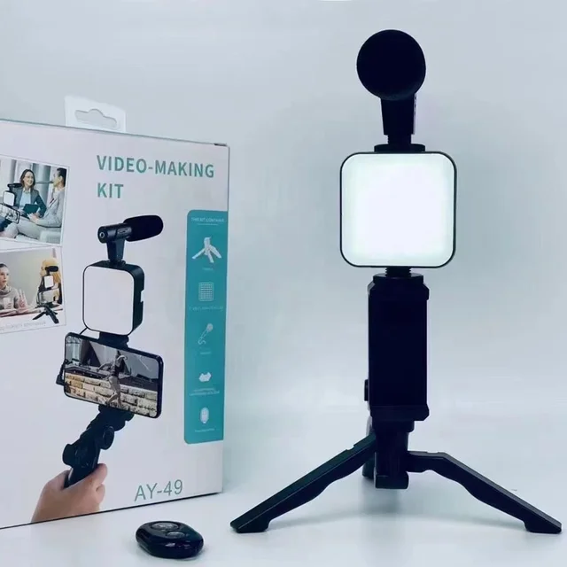 Mobile Phone Holder Smartphone Video Kit Microphone Video Light LED Selfie Stick Tripod Bluetooth Recording Handle Portable Stabilize