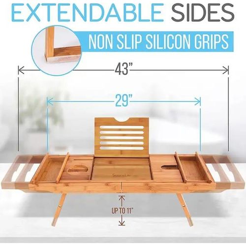 Expandable Bamboo Bathtub Caddy Tray / Breakfast Bed Table with Stands