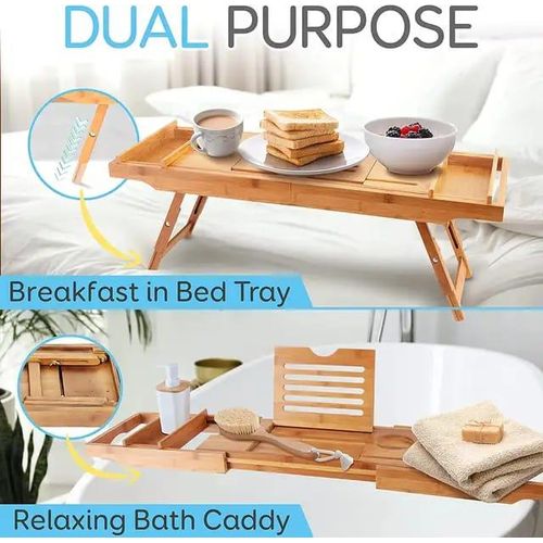 Expandable Bamboo Bathtub Caddy Tray / Breakfast Bed Table with Stands
