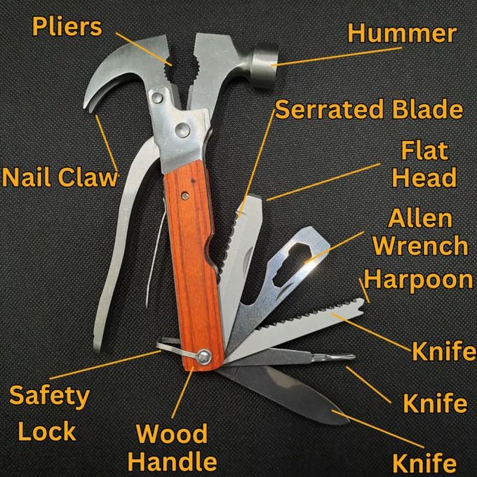 Camping Gear Multitool 15 in 1 Survival Gear with Hummer Claw,Bottle Opener, Screwdrivers I Emergency Tool for Camping & Outdoor Hunting Hiking, Fishing or Gift for Dad Husband Grandpa