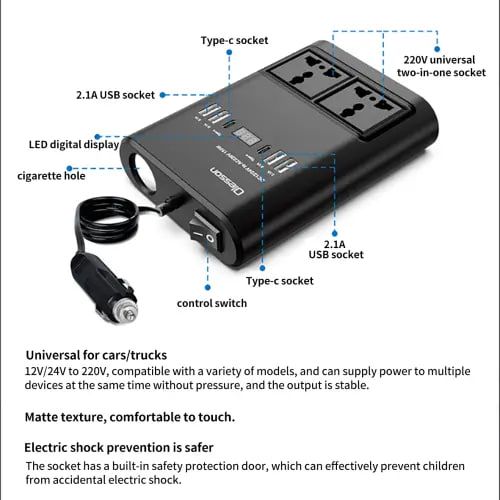 150W Car Inverter: Switchable Power with 4 USB, 2 Type-C Ports, and Dual 220V Outlets for Optimal Car Charging Convenience