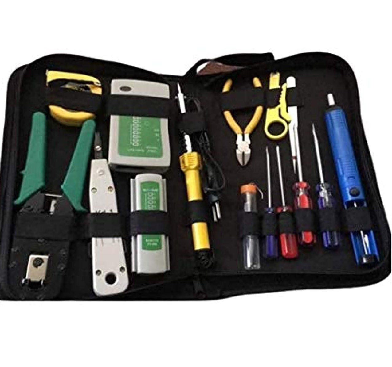 Network Tool Kit 15 In 1 Ethernet Crimping Tool For Cat5 / Cat5e / Cat6 /Cat6a,RJ11 / RJ45 Network Cable Tester Wire Tracer Punch Down Tool, Solder Gun, Solder,  wire Cutter, screw drivers, tape measu