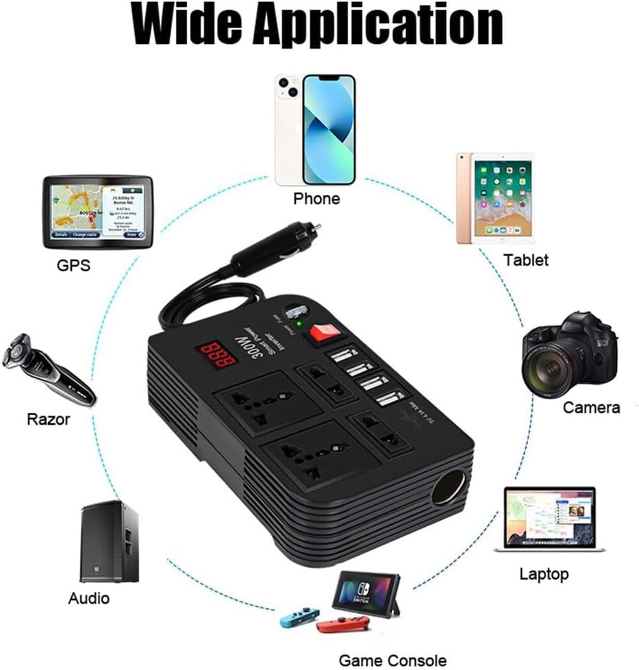 300W Car Power Inverter LED Display Dual USB Pure Sine Wave Car Inverter Sine Wave 4 USB Portable Charger Converter