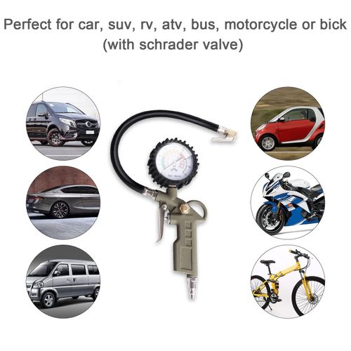 Tire Inflator with Pressure Gauge, 0-220PSI Dial Wheel Air Tire Pressure Gauge, Heavy Duty Rubber Hose with Quick Coupler, Air Compressor Tire Inflator Attachment for Cars Motorcycle Bike