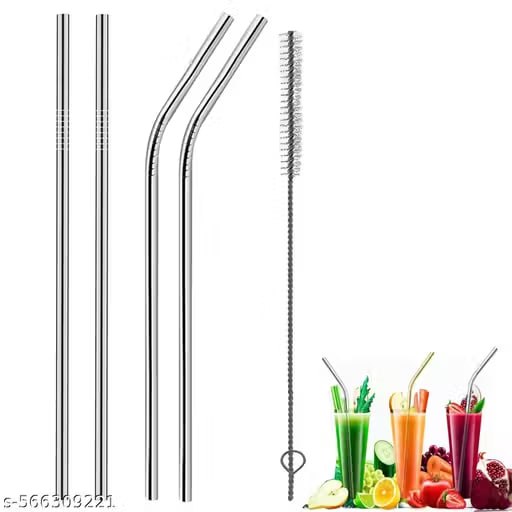 Set of 4 Re-usable Steel Drinking Straws & Cleaning Brush-20 cm