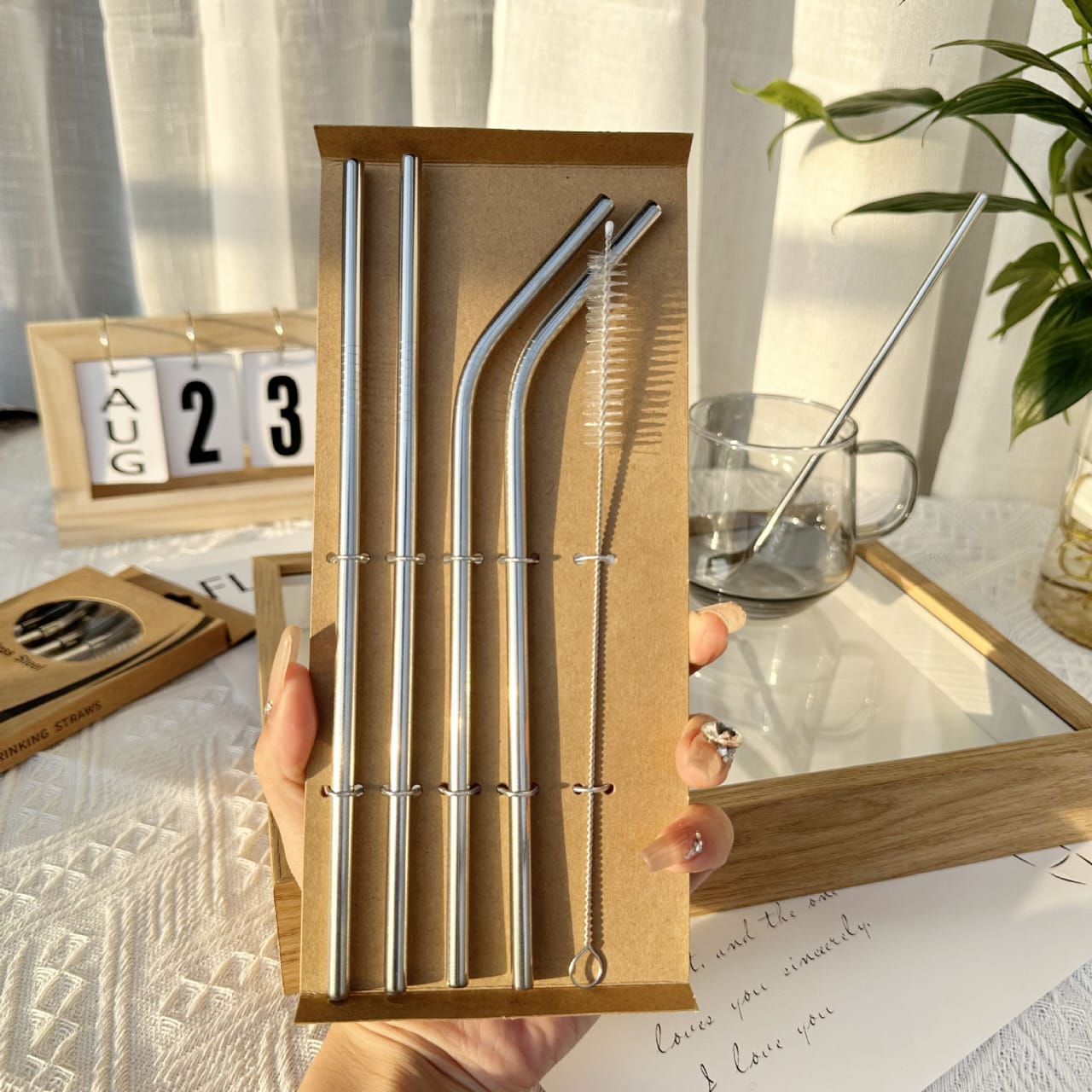 Set of 4 Re-usable Steel Drinking Straws & Cleaning Brush-20 cm