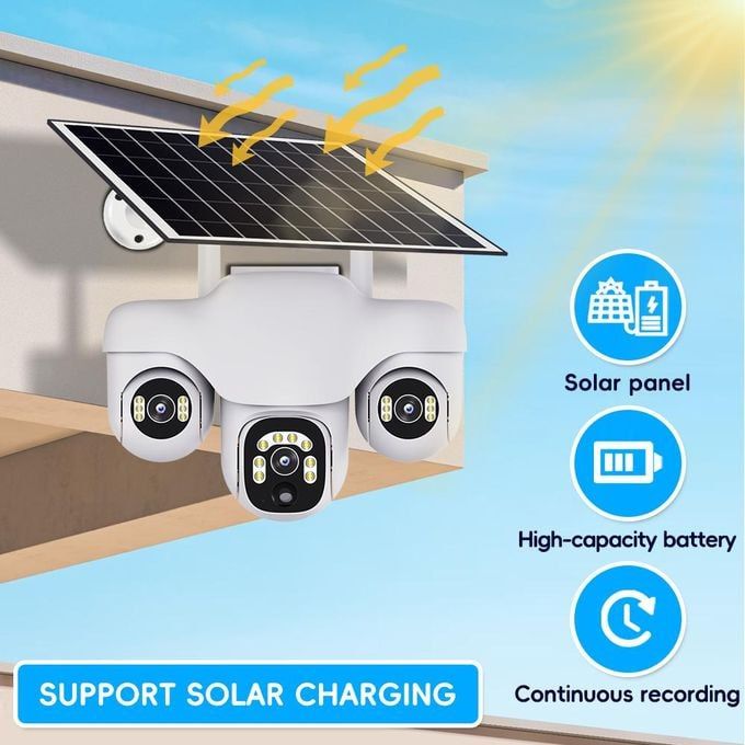 Intelligence Three rotating lenses Triple Lens 4G solar-powered security camera GSM 4G CCTV Camera, Outdoor Security, Motion Tracking, Night Vision, Two-Way Audio Mobile App