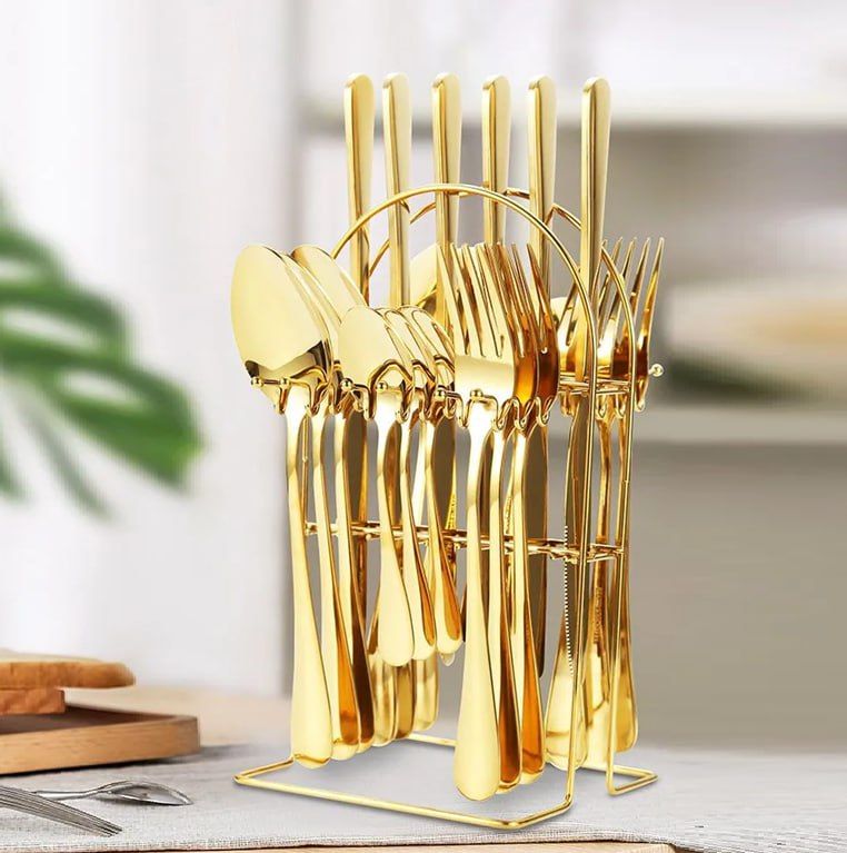 Cutlery Set with Cutlery Stand, Stainless Steel Flatware, 24 Piece Set for Home Kitchen Restaurant Hotel Dinner (Color : Gold)