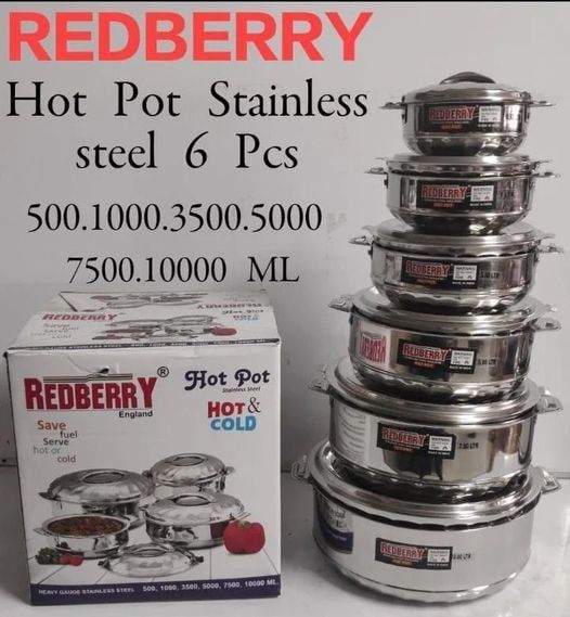 Redberry 6pcs Premier Range Of Insulated Stainless Steel Hotpots Serving Dish Hot Pot Serveware Set Casserole Hotpot (500, 1000, 3500, 5000, 7500 & 10000ML)