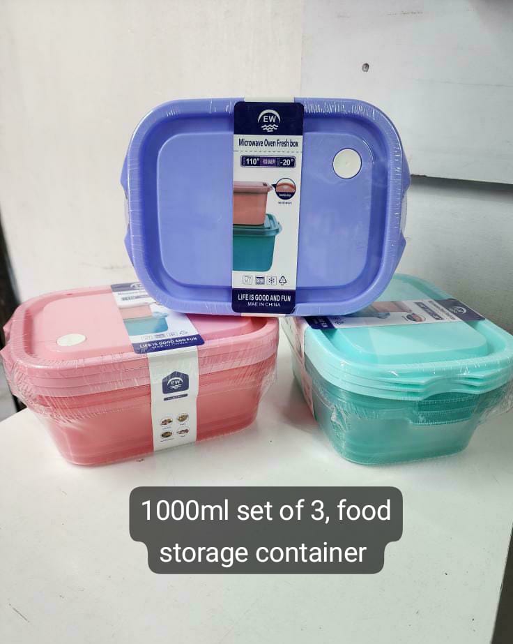 Set of 3 Food grade plastic food container, food storage container, fridge food container, Microwaveable Food Container, Mixed Color, 1000ml each, Can be used to store food