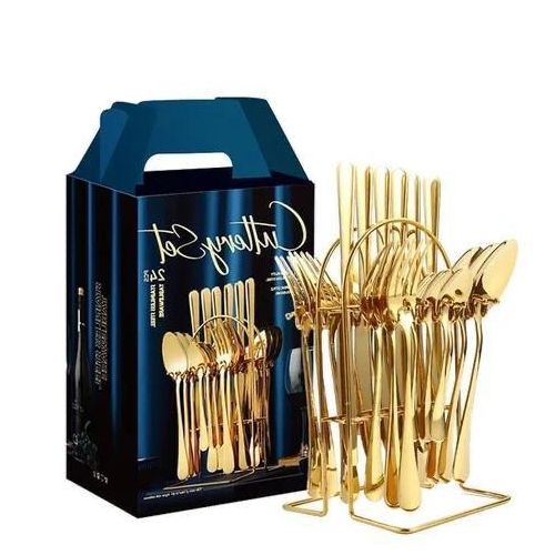 CLEARANCE OFFER Steel Dinnerware Silverware Cutlery Spoon Fork 24 Pcs Set Golden