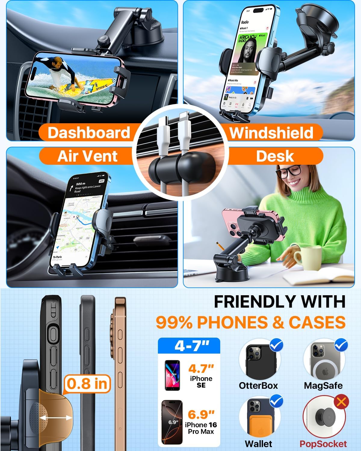 Ultra-Durable Phone Holders for Your Car- Car Phone Holder Mount, Safety Certs Cell Phone Car Mount Truck for Dashboard Windshield Vent
