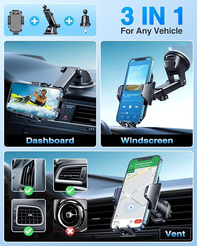 Ultra-Durable Phone Holders for Your Car- Car Phone Holder Mount, Safety Certs Cell Phone Car Mount Truck for Dashboard Windshield Vent