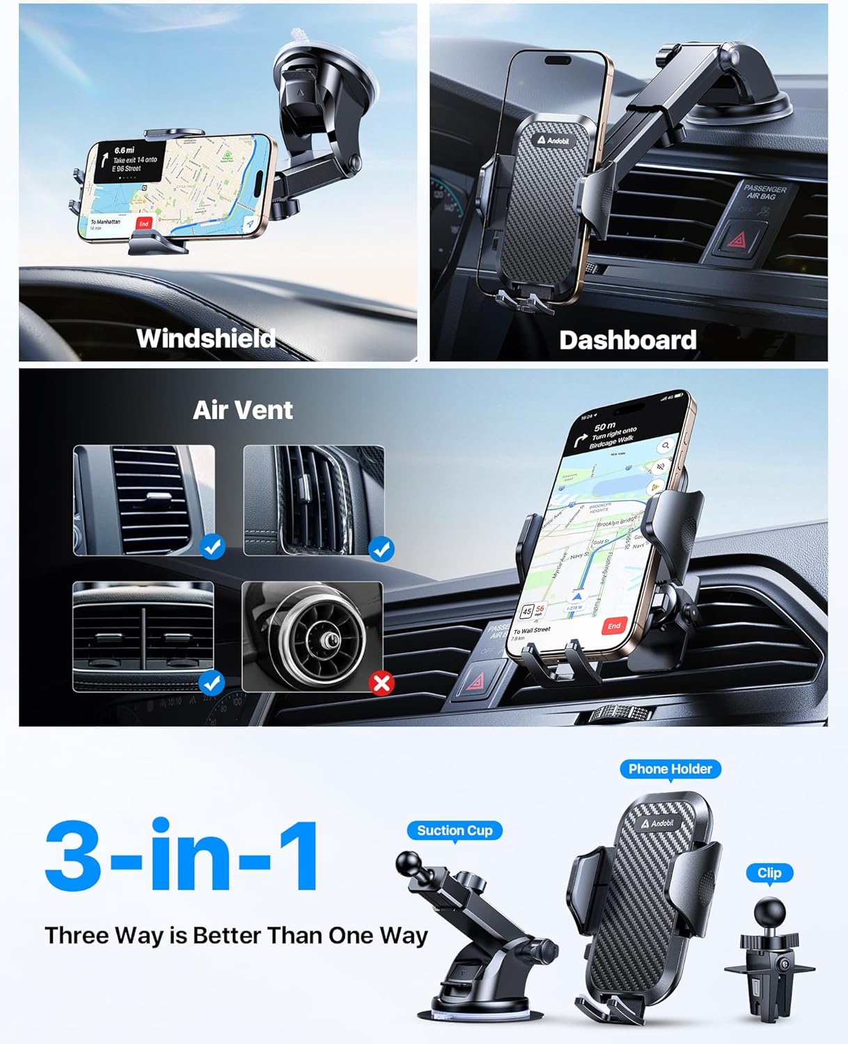 Car Phone Holder Mount Phone Mount for Car Windshield Dashboard Air Vent Universal Hands Free Automobile Cell Phone Holder Fit for all Smartphones Camera Mounts