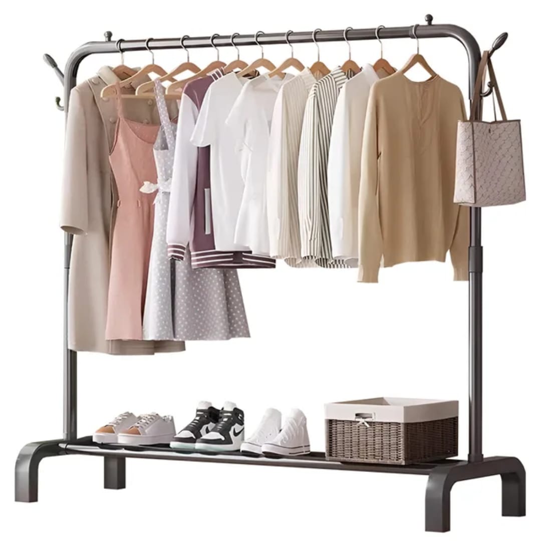 Single Pole Cloth Rack With Lower Storage Shelf for Boxes /Shoes