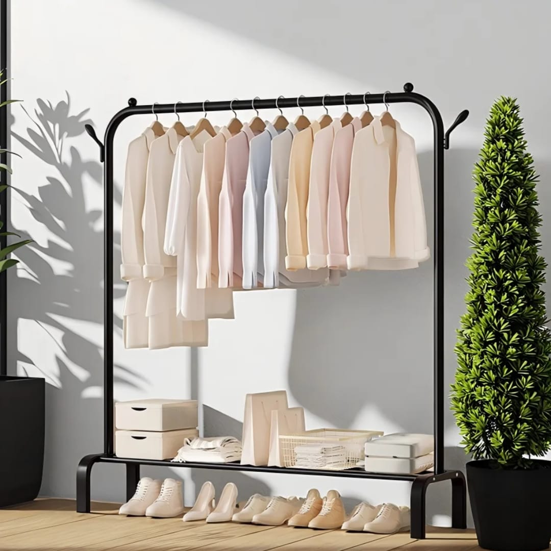 Single Pole Cloth Rack With Lower Storage Shelf for Boxes /Shoes