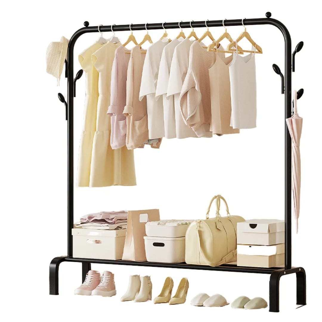 Single Pole Cloth Rack With Lower Storage Shelf for Boxes /Shoes