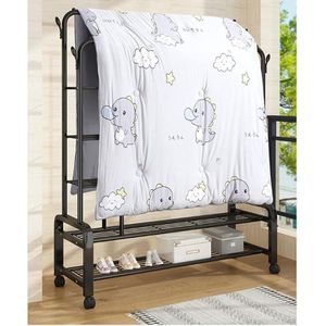 Metal Drying Clothes Rack Floor standing Household Clothes Rails On Wheels Student Dormitory Bedroom Drying Clothes Stand Double Shelf