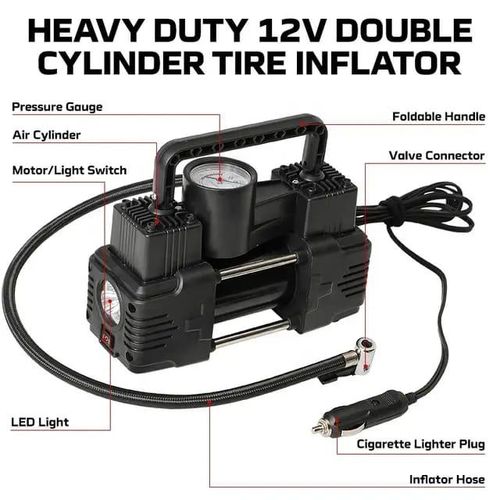 Heavy Duty Car Double Cylinder Air Compressor Inflator with LED light 150 PSI 12V Dc with cigarette lighter plug and direct battery plug Price