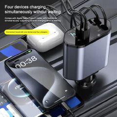 4 In 1 Retractable Super Fast Car Charger With Dual USB Ports & LED Display.