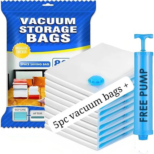 5 pc + free Pump Smart Saver Vacuum Bags, Compression Storage Bags for Clothes, Bedding, Pillows, Comforters, Blankets With Vacuum Pump