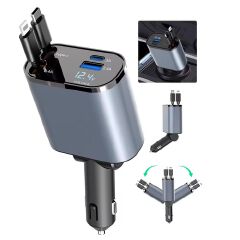4 In 1 Retractable Super Fast Car Charger With Dual USB Ports & LED Display