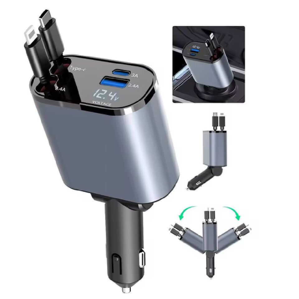 4 In 1 Retractable Super Fast Car Charger With Dual USB Ports & LED Display