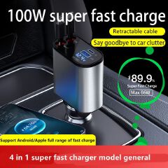 4 In 1 Retractable Super Fast Car Charger With Dual USB Ports & LED Display