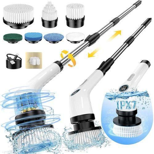 Electric Spin Scrubber for Cleaning- 9 in 1 Changeable Bathroom Scrubber with Power Display, Long Cordless Cleaning Brush, Cordless Shower Cleaner Brush for Bathtub Kitchen Wall