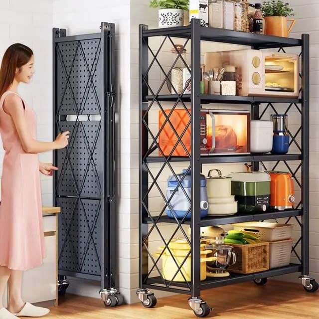 KILIMALL BLACK FRIDAY SPECIAL OFFER!!Big Size Foldable Kitchen Rack with wheels,Foldable Shelf with Wheels, Metal Storage Shelving Unit Rolling Cart, Utility Shelf Rack Organization Shelves