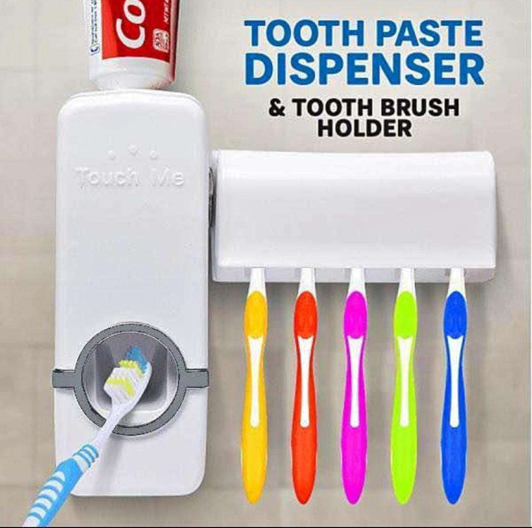 Automatic Toothpaste Dispenser With Wall-Mounted Toothbrush Holder – Family Set (Holds Up To 5 Brushes)