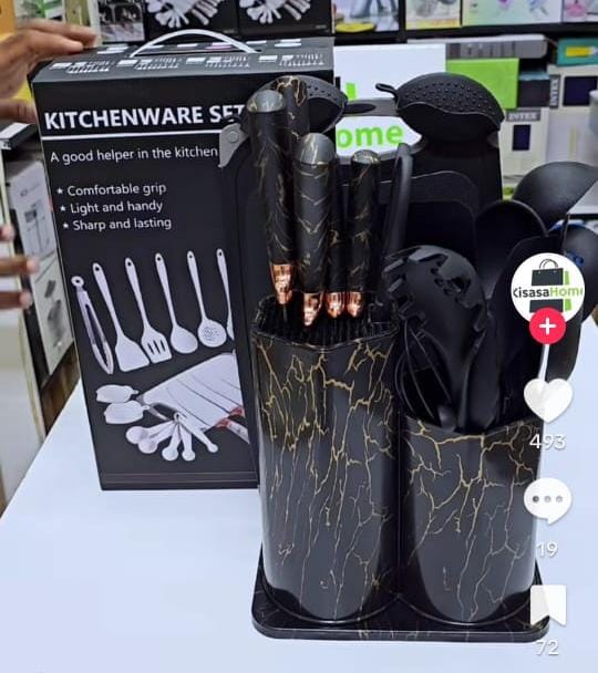 25 pc silicone spoon marble,Silicone Cooking Utensils Set with Kitchen Knife Set and Holder, Silicone Handle Kitchen Tool Set - Kitchenware Set