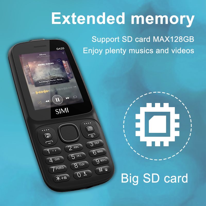 SIMI G420 4G Feature Phone Inclusive Of TikTok YouTube, Facebook, FM Radio, Dual SIM Card Holder + T-card BT 2500mAh 16MB+16MB Memory - Black