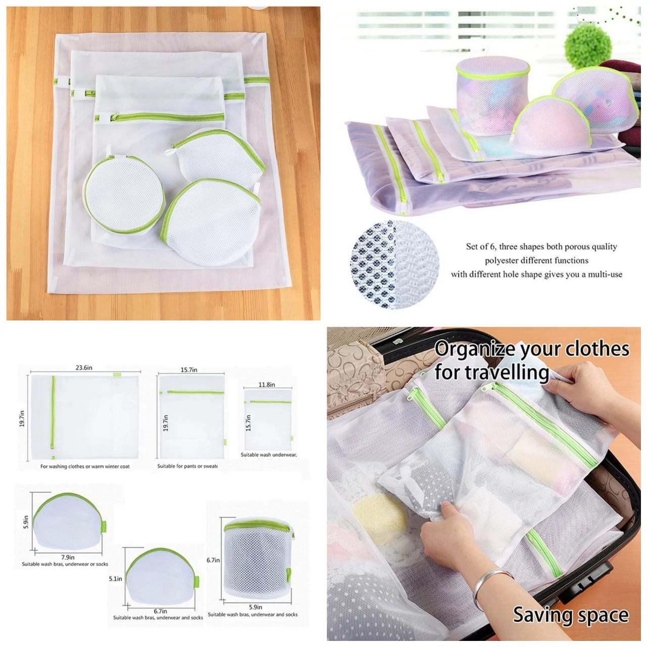 Generic 6in1 mesh laundry bags protects clothes from twisting, wrapping, wrinkles and distortion in the washing machine or dryer. These laundry bags are made of durable and breathable polyester fibre