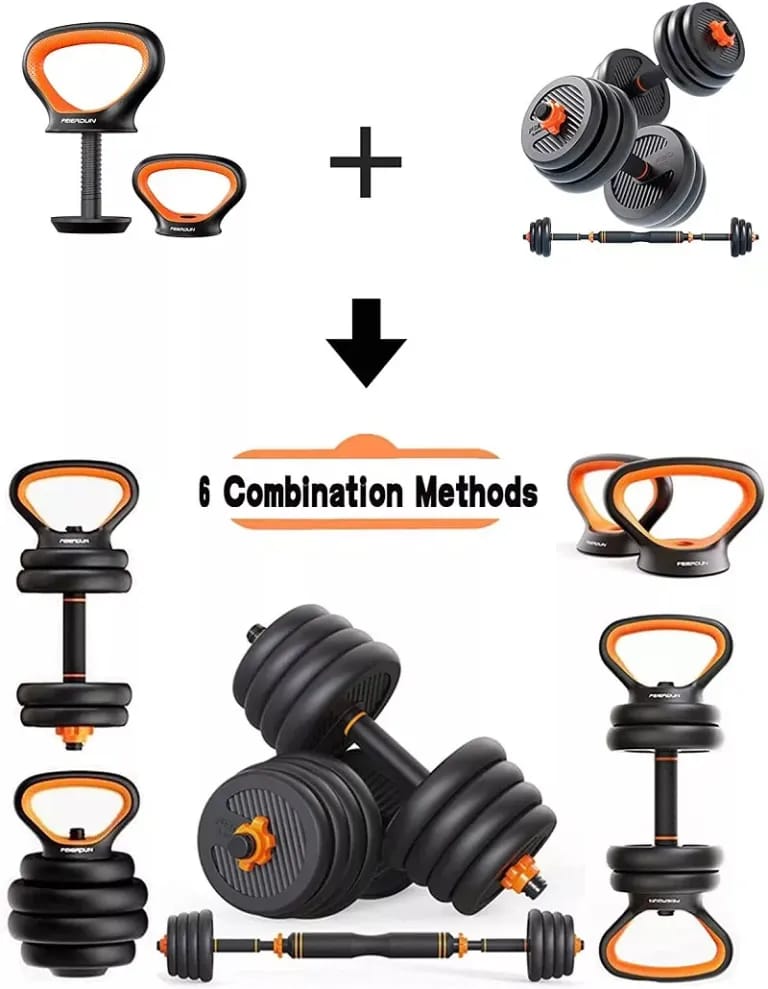 30kg- 6 In 1 Multifunctional Adjustable Dumbbells, Kettle Bell Weights Set With Connector, Used As Dumbbells,Barbell, Kettlebells, Roller,Push Up Stand, Weight Plate