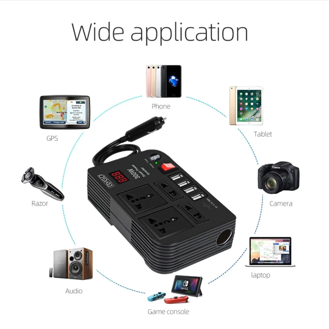300W Car Power Inverter Dc to Ac 12V to 220V with 4 Ac ports and 4 USB outlets plus cigarette lighter